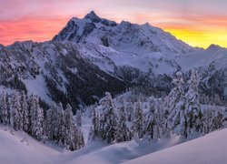 Zima, Góry, Góra, Mount Shuksan, Las, Ośnieżone, Drzewa, Zachód słońca, Park Narodowy Północnych Gór Kaskadowych, Stan Waszyngton, Stany Zjednoczone