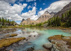 Góry, Góra Odaray Mountain, Jezioro OHara, Płaskowyż Opabin, Park Narodowy Yoho, Drzewa, Chmury, Prowincja Kolumbia Brytyjska, Kanada