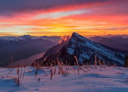 Góry Churfirsten, Alpy, Góra Schibenstoll, Jezioro Walensee, Zachód słońca, Zima, Śnieg, Szwajcaria