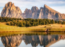 Góry, Dolomity, Góra Schlern, Drzewa, Staw, Domy, Tyrol, Włochy