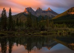 Kanada, Alberta, Canmore, Góry, Canadian Rockies, Góra Three Sisters, Rzeka, Policeman Creek, Las, Drzewa, Krzewy, Odbicie