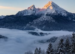 Niemcy, Bawaria, Zima, Alpy Berchtesgadeńskie, Góra Watzmann, Mgła, Drzewa, Góry