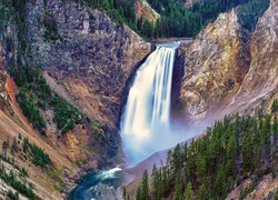 Skały, Górny, Wodospad, Upper Yellowstone River Falls, Rzeka Yellowstone, Park Narodowy Yellowstone, Drzewa, Stan Wyoming, Stany Zjednoczone