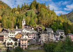 Szwajcaria, Kanton Ticino, Doliny Maggia, Jesień, Wioska Fusio, Val Lavizzara, Góra, Alpy, Lugano, Domy, Wieża, Kościół, Drzewa, Las