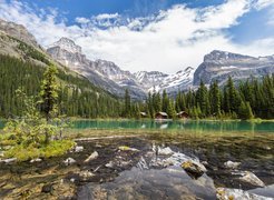 Kanada, Kolumbia Brytyjska, Góry Canadian Rockies, Park Narodowy Yoho, Jezioro Lake O’Hara, Kamienie, Świerki, Domki