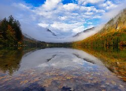 Jesień, Góry, Mgła, Jezioro Langbathseen, Kolorowe, Drzewa, Odbicie, Austria