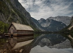 Park Narodowy Berchtesgaden, Góry, Alpy, Jezioro Obersee, Drewniany, Domek, Kamienie, Bawaria, Niemcy