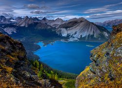 Góry, Skały, Jezioro, Rawson Lake, Drzewa, Alberta, Kanada