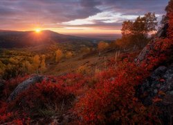 Góry Ałtaj, Zachód słońca, Jesień, Drzewa, Brzozy, Skały, Republika Ałtaju, Rosja