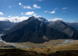 Nowa Zelandia, Queenstown, Wyspa Południowa, Niebo, Góry, Rzeka, Tasman River, Dolina