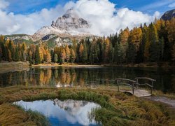 Jezioro, Antorno Lake, Mostek, Góry, Dolomity, Masyw, Tre Cime di Lavaredo, Drzewa, Jesień, Las, Chmury, Prowincja Belluno, Włochy