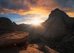 Stany Zjednoczone, Utah, Park Narodowy Zion, Góry, Skały, Drzewa, Zachód słońca