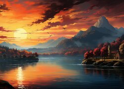 Góry, Jezioro, Wschód słońca, Drzewa, Jesień, 2D