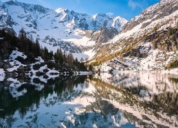 Zima, Góry, Dolomity, Jezioro, Aviolo Lake, Drzewa, Odbicie, Lombardia, Włochy