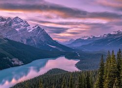 Zachód słońca, Góry, Jezioro, Peyto Lake, Park Narodowy Banff, Prowincja Alberta, Kanada