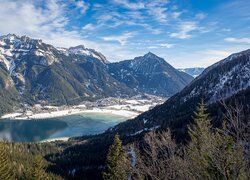 Zima, Góry, Jezioro, Achensee, Drzewa, Dolina, Achental, Tyrol, Austria