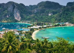 Tajlandia, Wyspa, Koh Phi Phi, Góry, Morze, Zatoki, Plaża, Palmy, Łódki
