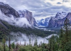 Stany Zjednoczone, Kalifornia, Park Narodowy Yosemite, Góry, Wodospad, Lasy, Drzewa, Mgła