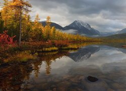 Jesień, Góry Kołymskie, Jezioro Nevidimka, Drzewa, Roślinność, Odbicie, Chmury, Kołyma, Magadan, Rosja
