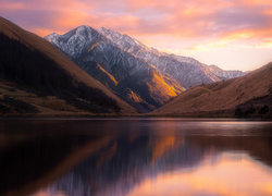 Nowa Zelandia, Jezioro Kirkpatrick, Góry, Zachód słońca