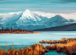 Góry nieopodal jeziora w grafice paintography