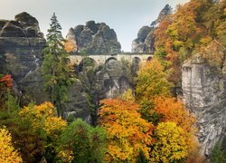 Jesień, Góry Połabskie, Drzewa, Most, Skały, Formacja skalna, Bastei, Park Narodowy Saskiej Szwajcarii, Niemcy