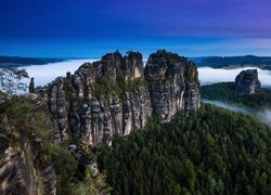 Góry Połabskie, Skały, Drzewa, Mgła, Park Narodowy Saskiej Szwajcarii, Niemcy