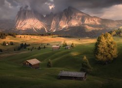 Dolomity, Góry, Sassolungo, Płaskowyż Seiser Alm, Dolina, Val Gardena, Drzewa, Drewniane, Domki, Włochy