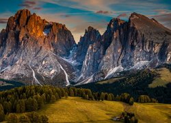 Dolomity, Góry Sassolungo, Płaskowyż Seiser Alm, Dolina Val Gardena, Drzewa, Włochy