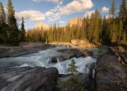 Park Narodowy Yoho, Rzeka, Kicking Horse River, Góry Skaliste, Drzewa, Skały, Chmury, Kolumbia Brytyjska, Kanada