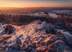 Polska, Góry Świętokrzyskie, Skały, Góra Miedzianka, Drzewa, Wschód słońca