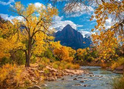 Park Narodowy Zion, Góry, Góra Watchman, Rzeka Virgin River, Kamienie, Drzewa, Jesień, Chmury, Stan Utah, Stany Zjednoczone