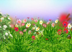 Graficzna łąka z kwiatami i trawą