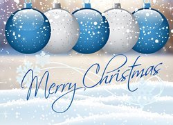 Zima, Śnieg, Białe, Niebieskie, Bombki, Życzenia, Merry Christmas, Boże Narodzenie, Grafika