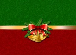 Dekoracja, Świąteczna, Dzwonki, Kokarda, Zielono-czerwone tło