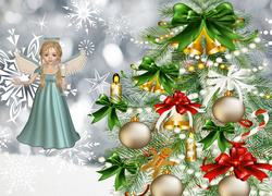 Graficzny aniołek przy świątecznej choince