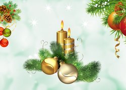 Boże Narodzenie, Świece, Bombki, Szyszki, Gałązki, 2D
