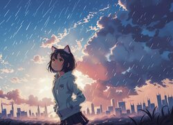 Grafika anime z dziewczyną stojącą w deszczu