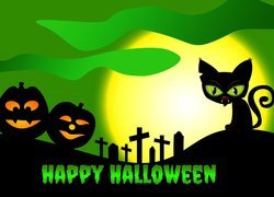 Grafika halloweenowa z kotem i dyniami