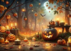 Grafika halloweenowa z zapalonymi dyniami w lesie