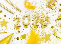 Nowy Rok, Cyfry, 2020, Świeczki, Koraliki, Gwiazdki, Ozdoby