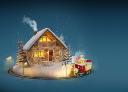 Grafika świąteczna z domkiem, choinką i kolejką