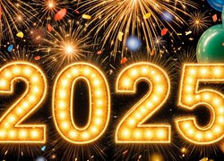 Grafika z balonami i fajerwerkami na rok 2025