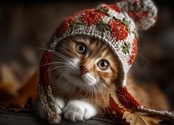 Grafika z biało-rudym kotem w wełnianej czapce
