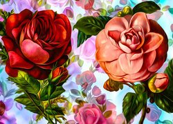 Kwiaty, Dwie, Róże, Grafika