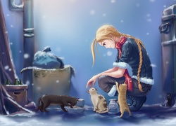 Grafika z dziewczynką karmiącą kotki