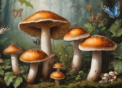 Grafika, Grzyby, Motyle, Las, Liście