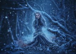 Grafika z kobietą w zimowym lesie