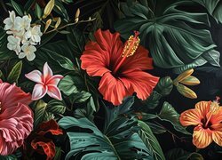 Grafika, Kwiaty, Liście, Hibiskusy