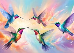 Kolorowe, Kolibry, Ptaki, Grafika